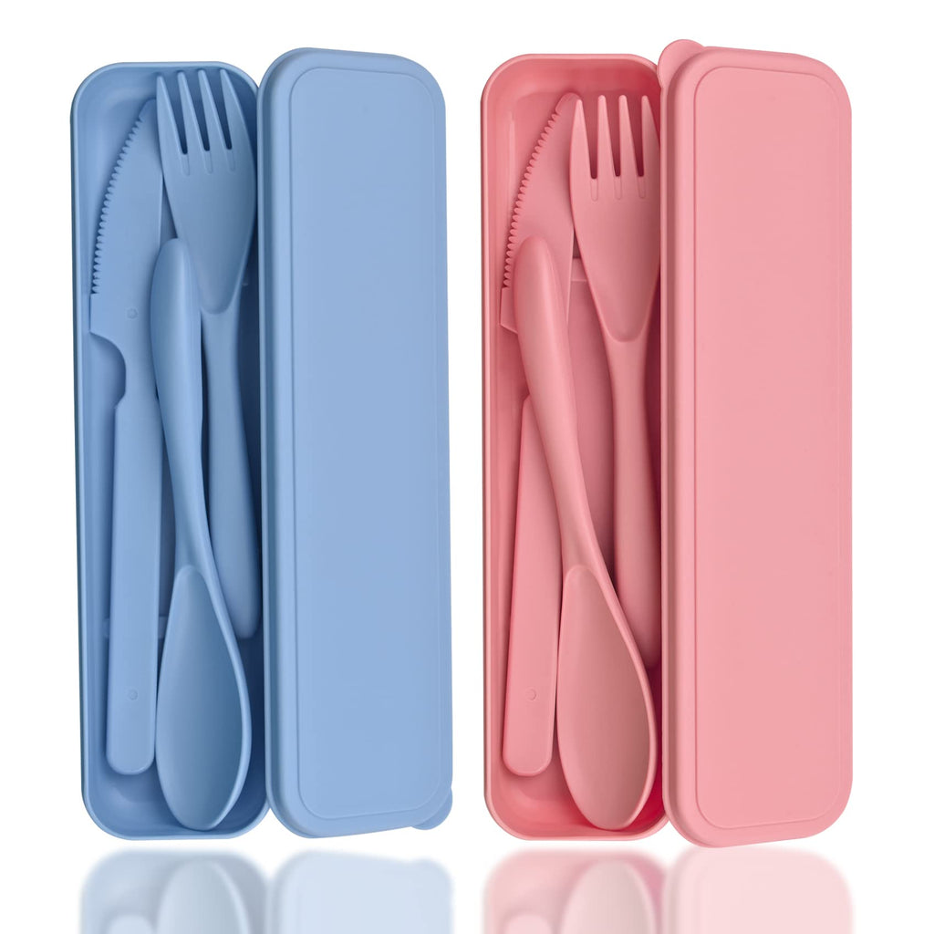 2 Sets Travel Utensils with CaseReusable Utensils for Lunch BoxPlastic Knives Spoons and Forks SetPortable Camping Utensil Sets Cutlery Set for Picnic or Daily Use Tableware(Blue + Pink)