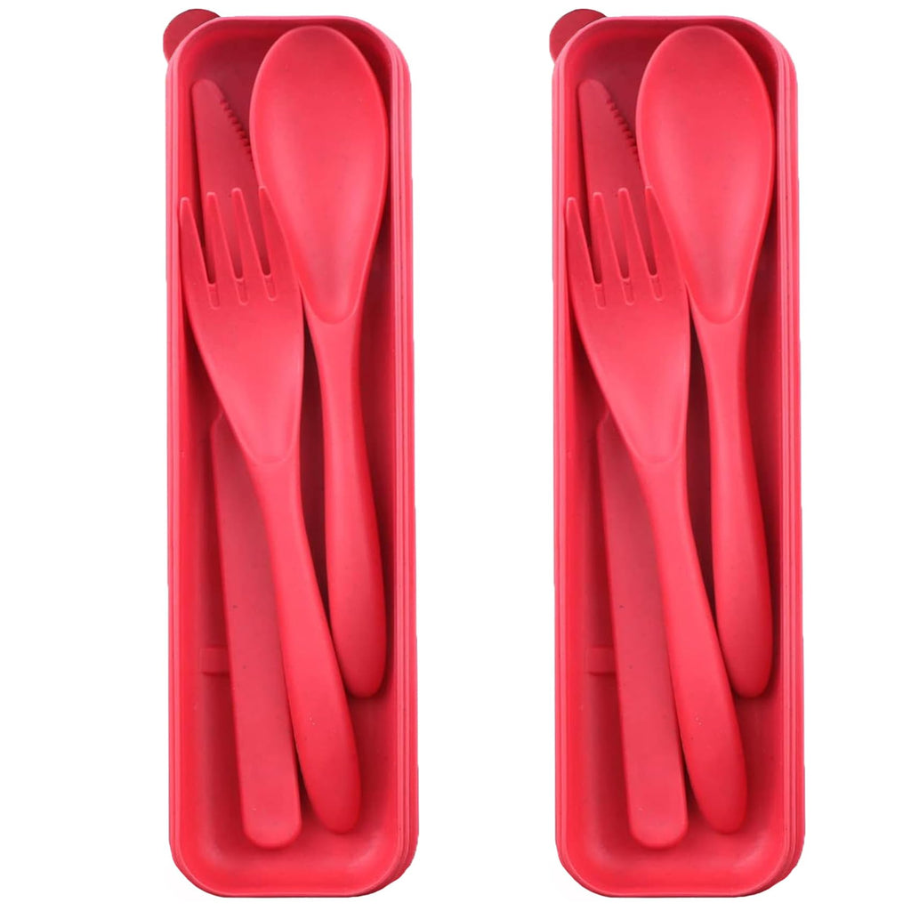 Reusable Travel Utensils Set with Case 2 Sets Wheat Straw Portable Plastic Fork Spoons Knife Cutlery Camping Eco-Friendly BPA Free Tableware for Kids Adults Work Picnic or Daily Use (Red)