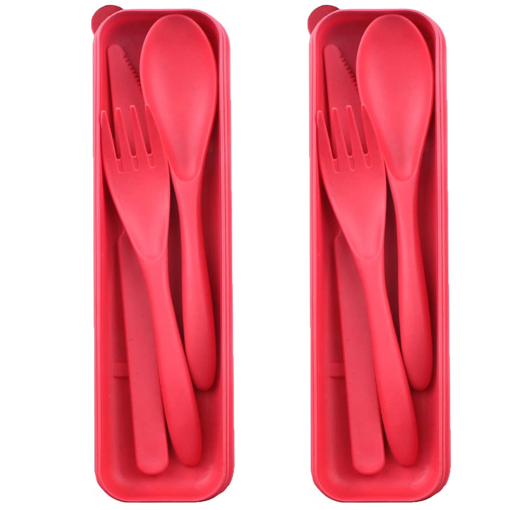Reusable Travel Utensils Set with Case 2 Sets Wheat Straw Portable Plastic Fork Spoons Knife Cutlery Camping Eco-Friendly BPA Free Tableware for Kids Adults Work Picnic or Daily Use (Red)