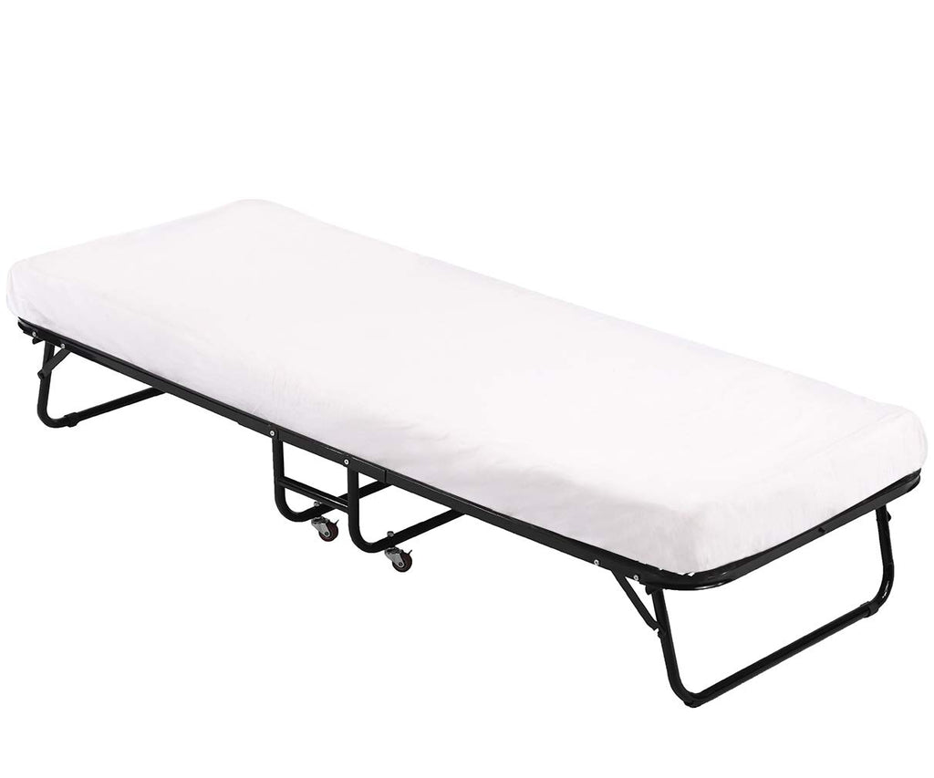 Folding Guest Bed with Wheels Portable Camping Cot Guest Beds Portable Beds Extra Roll Away Foldaway 3.9 Inch Comfort Foam Mattress Strong Sturdy Frame Heavy Duty L75W30H12 Inches，White