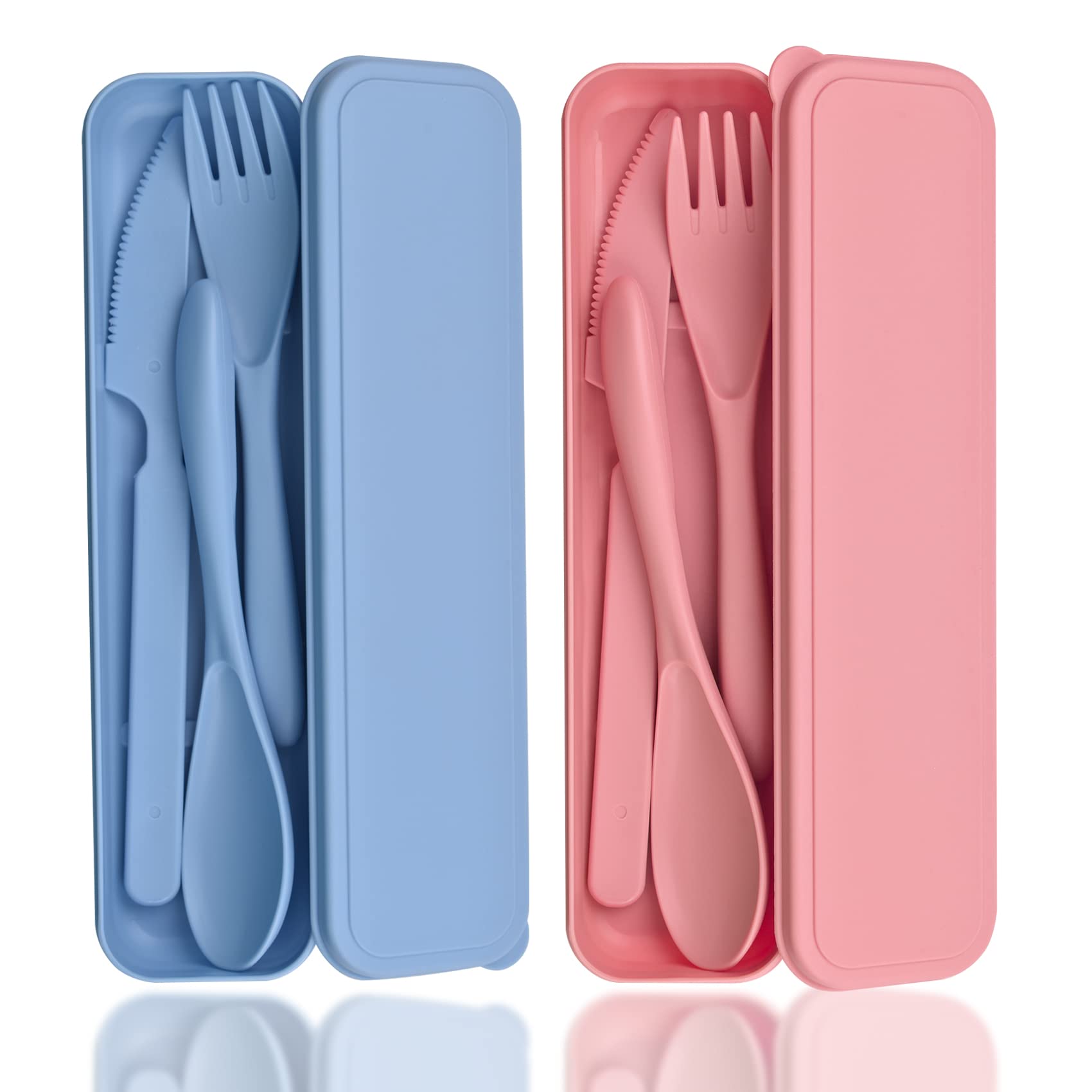 2 Sets Travel Utensils with CaseReusable Utensils for Lunch BoxPlastic Knives Spoons and Forks SetPortable Camping Utensil Sets Cutlery Set for Picnic or Daily Use Tableware(Blue + Pink)