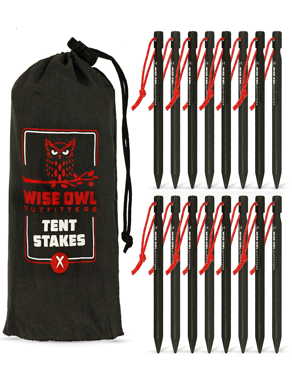 Wise Owl Outfitters Tent Stakes - Heavy Duty Camping Stakes for Outdoor Tent & Tarp - Essential Camping Accessories Available in 12pk or 16pk Black