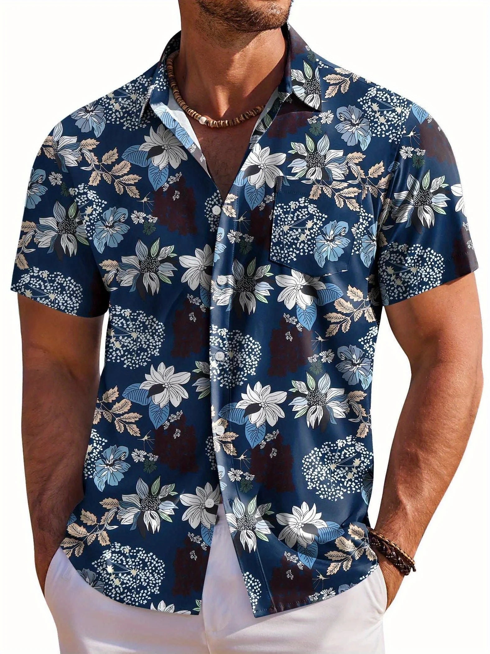 🌺 Men’s Short‑Sleeve Hawaiian Botanical Print Shirt