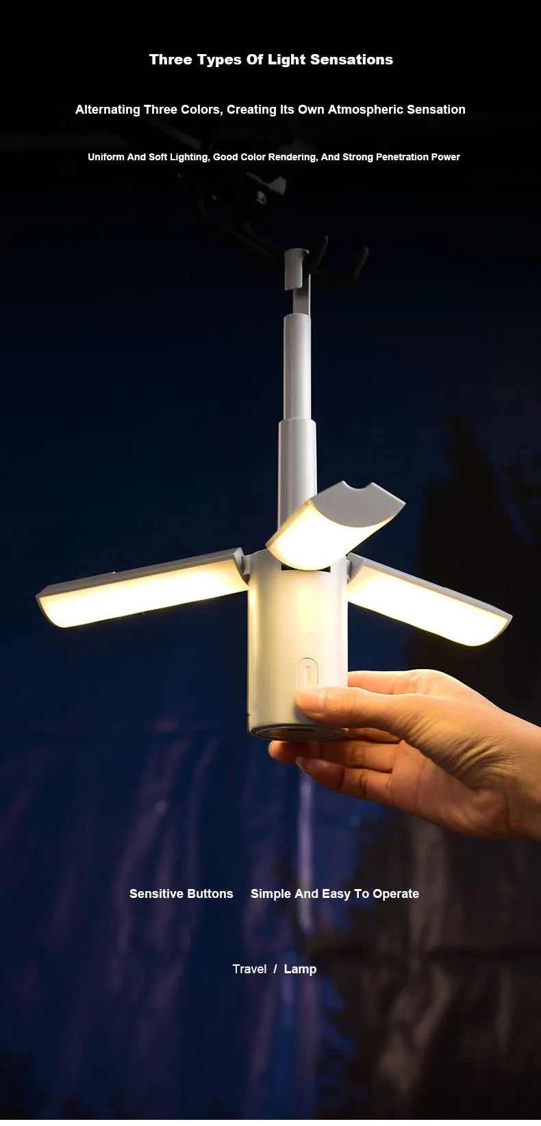 Outdoor Camping Light Portable Lantern Folding Rechargeable 3 Modes Dimmable for Outdoor Indoor Camping Tent Emergency Lighting