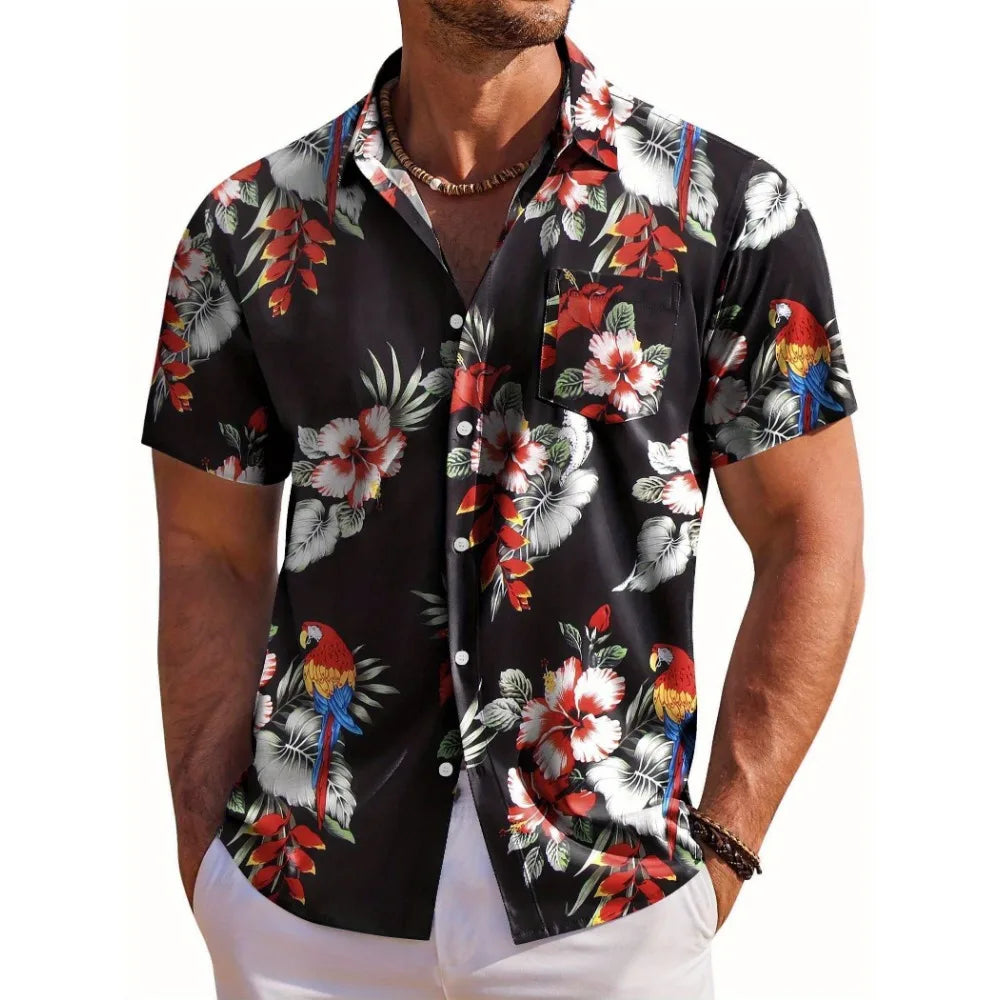 🌺 Men’s Short‑Sleeve Hawaiian Botanical Print Shirt