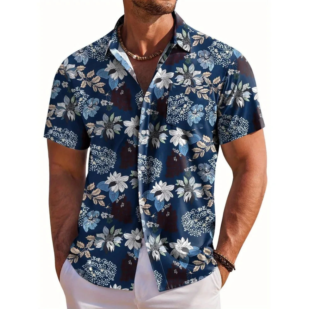 🌺 Men’s Short‑Sleeve Hawaiian Botanical Print Shirt