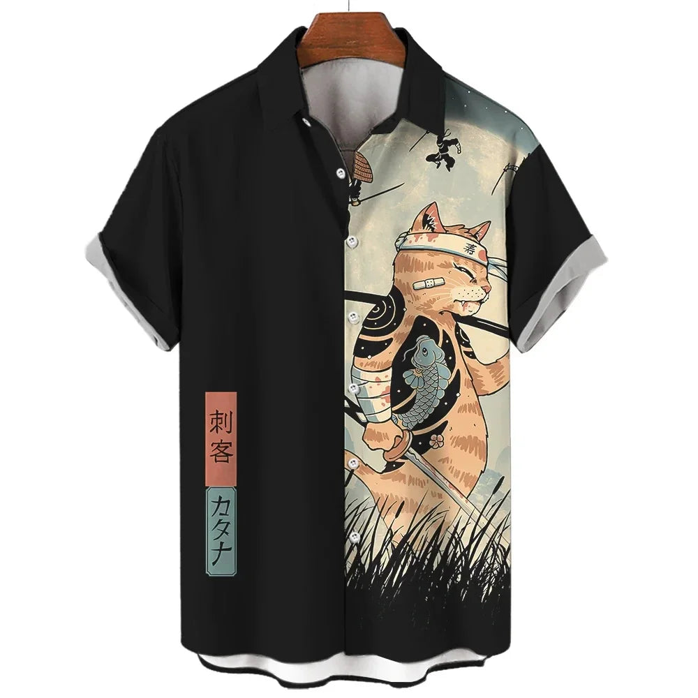 ⚔️🐱 Samurai Cat Hawaiian Shirt – Men’s Summer Top