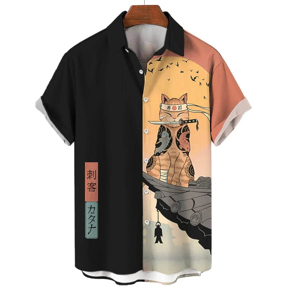 ⚔️🐱 Samurai Cat Hawaiian Shirt – Men’s Summer Top