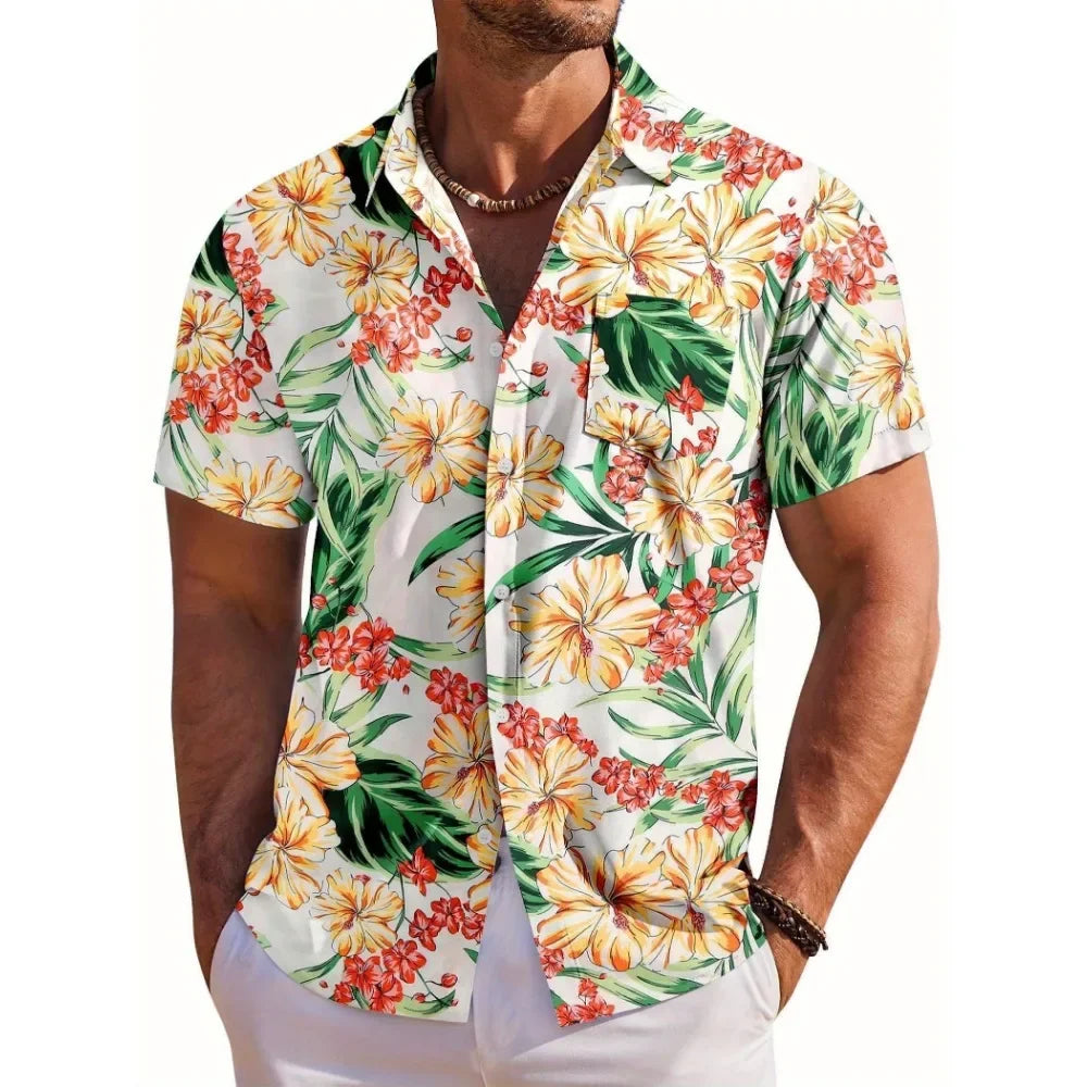 🌺 Men’s Short‑Sleeve Hawaiian Botanical Print Shirt