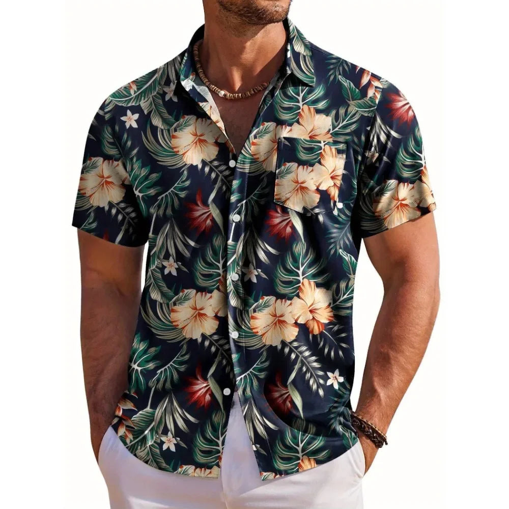 🌺 Men’s Short‑Sleeve Hawaiian Botanical Print Shirt