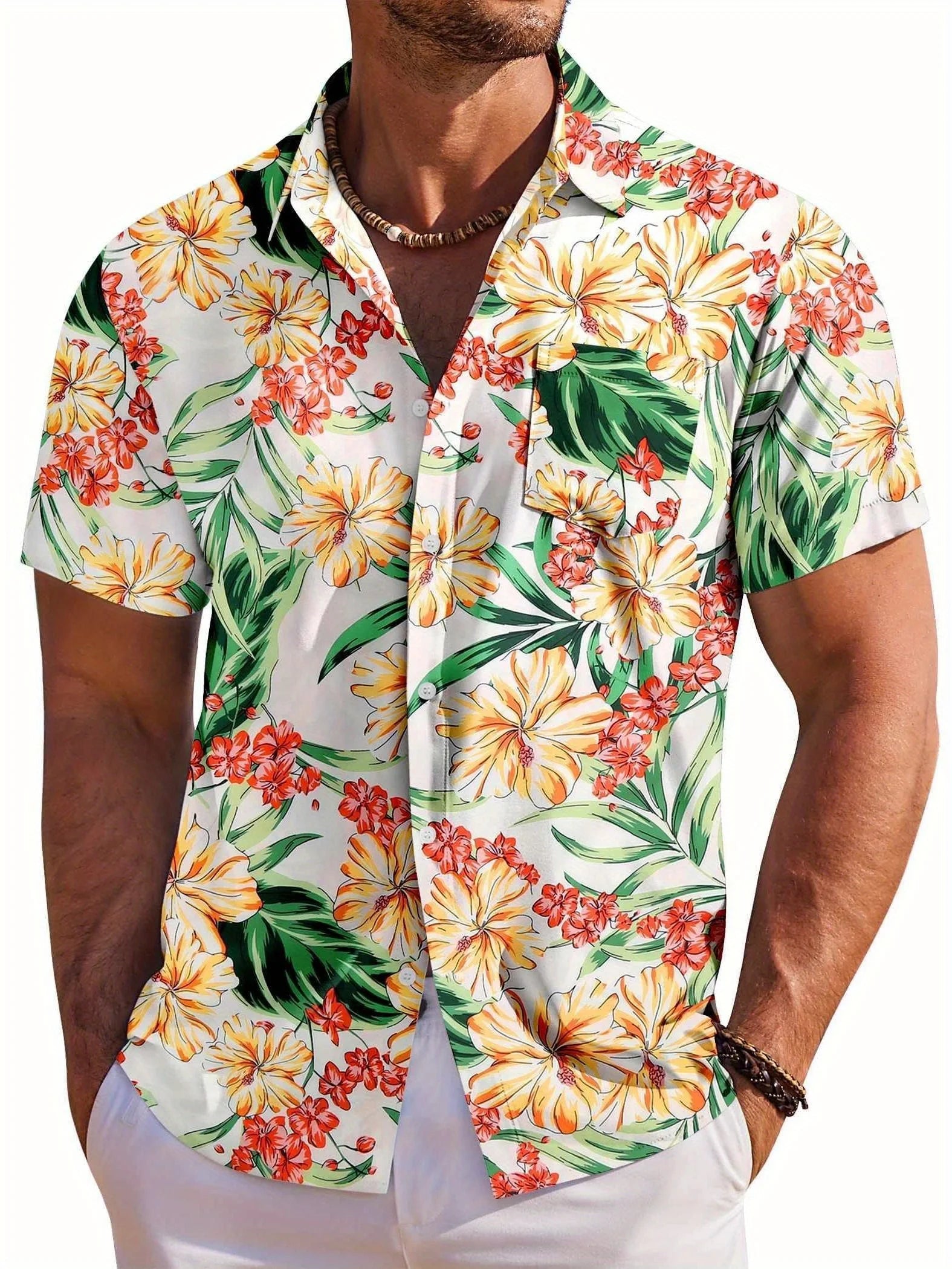 🌺 Men’s Short‑Sleeve Hawaiian Botanical Print Shirt