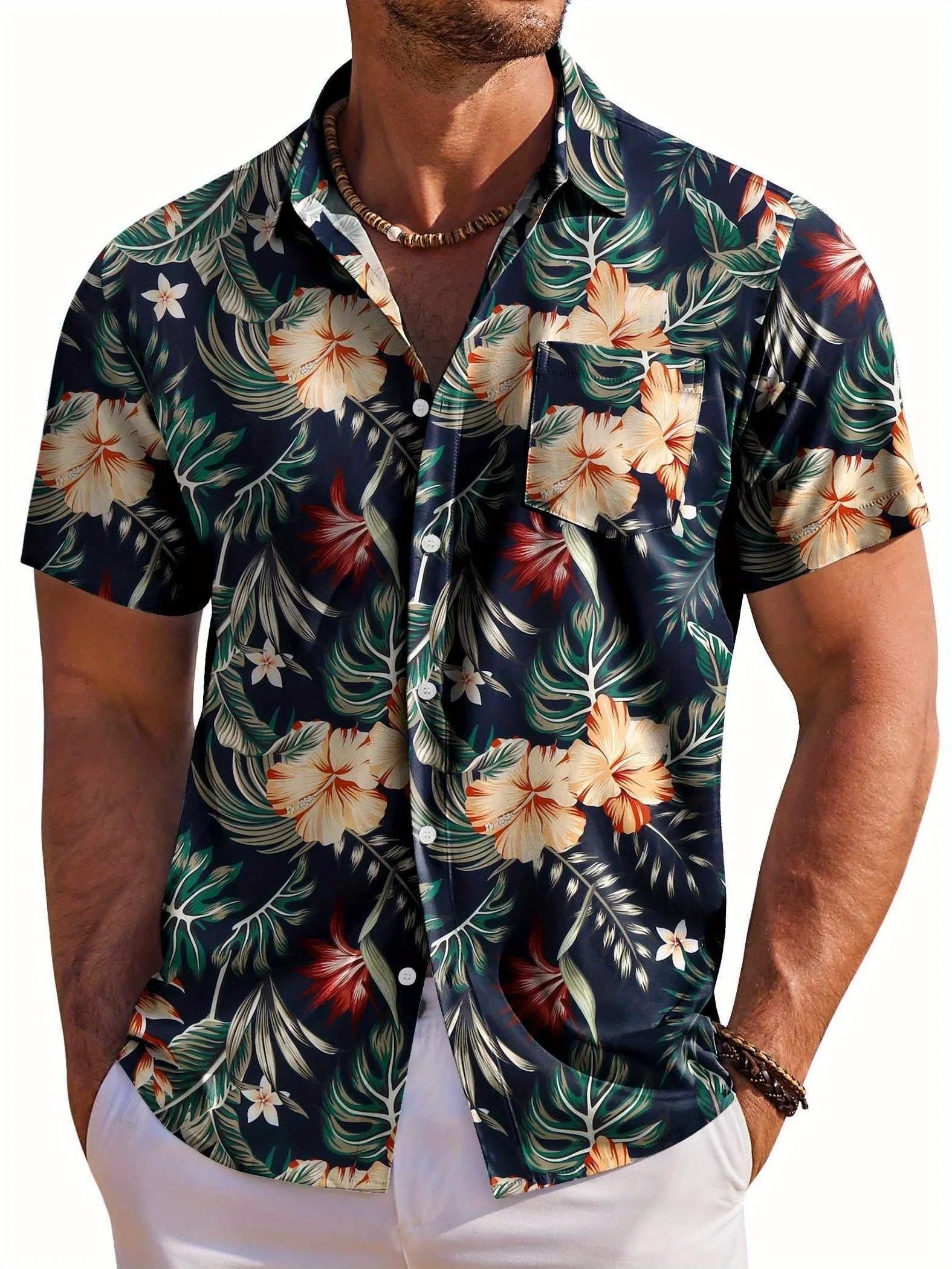 🌺 Men’s Short‑Sleeve Hawaiian Botanical Print Shirt