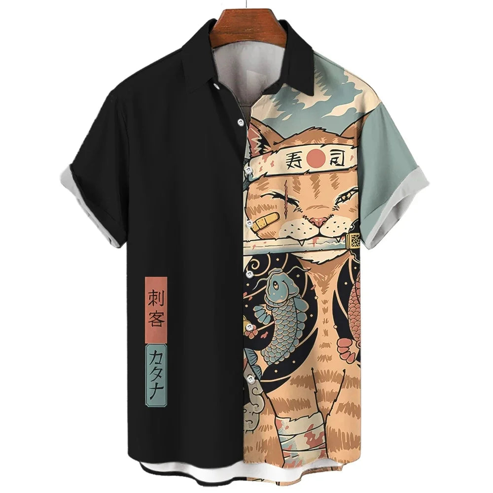 ⚔️🐱 Samurai Cat Hawaiian Shirt – Men’s Summer Top