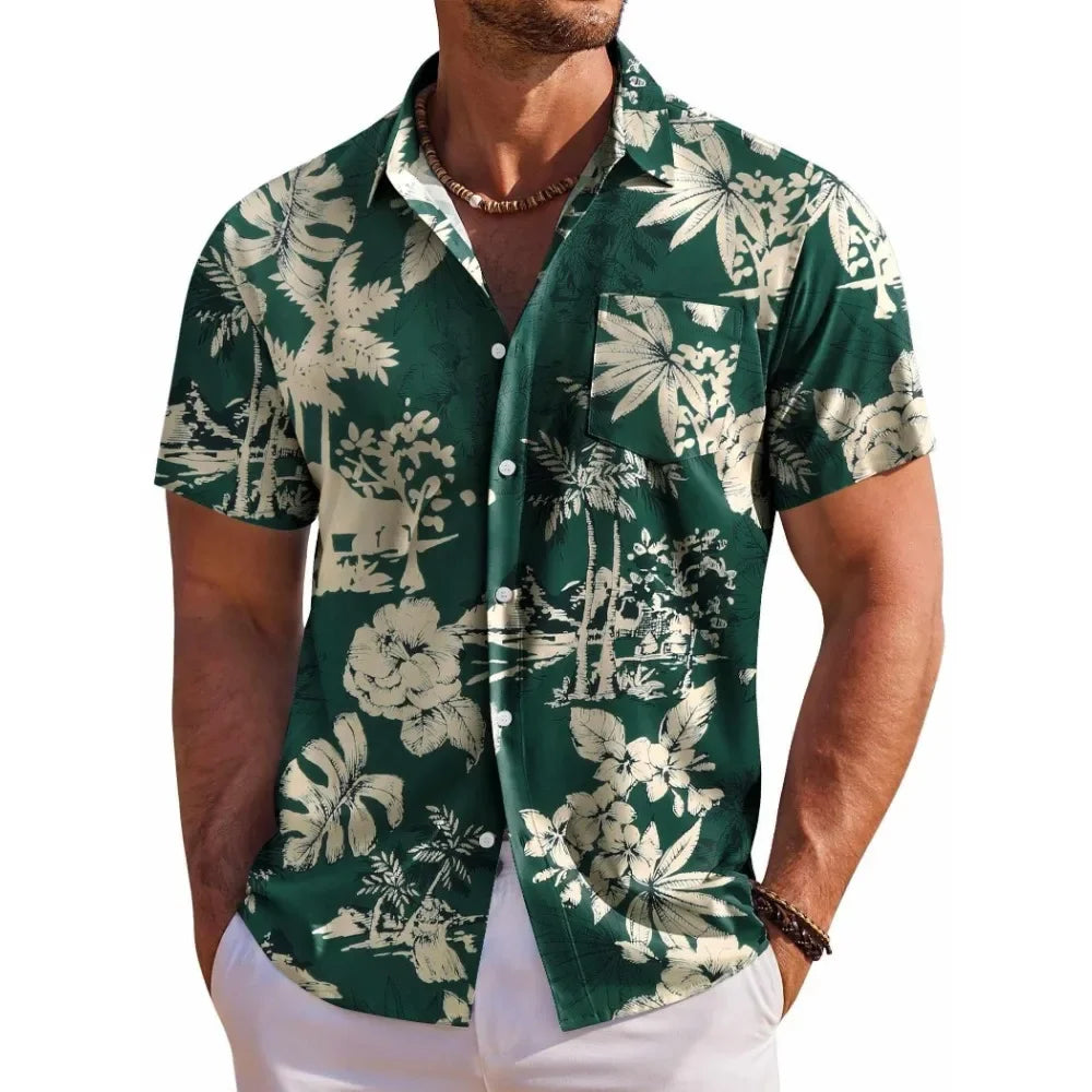 🌺 Men’s Short‑Sleeve Hawaiian Botanical Print Shirt