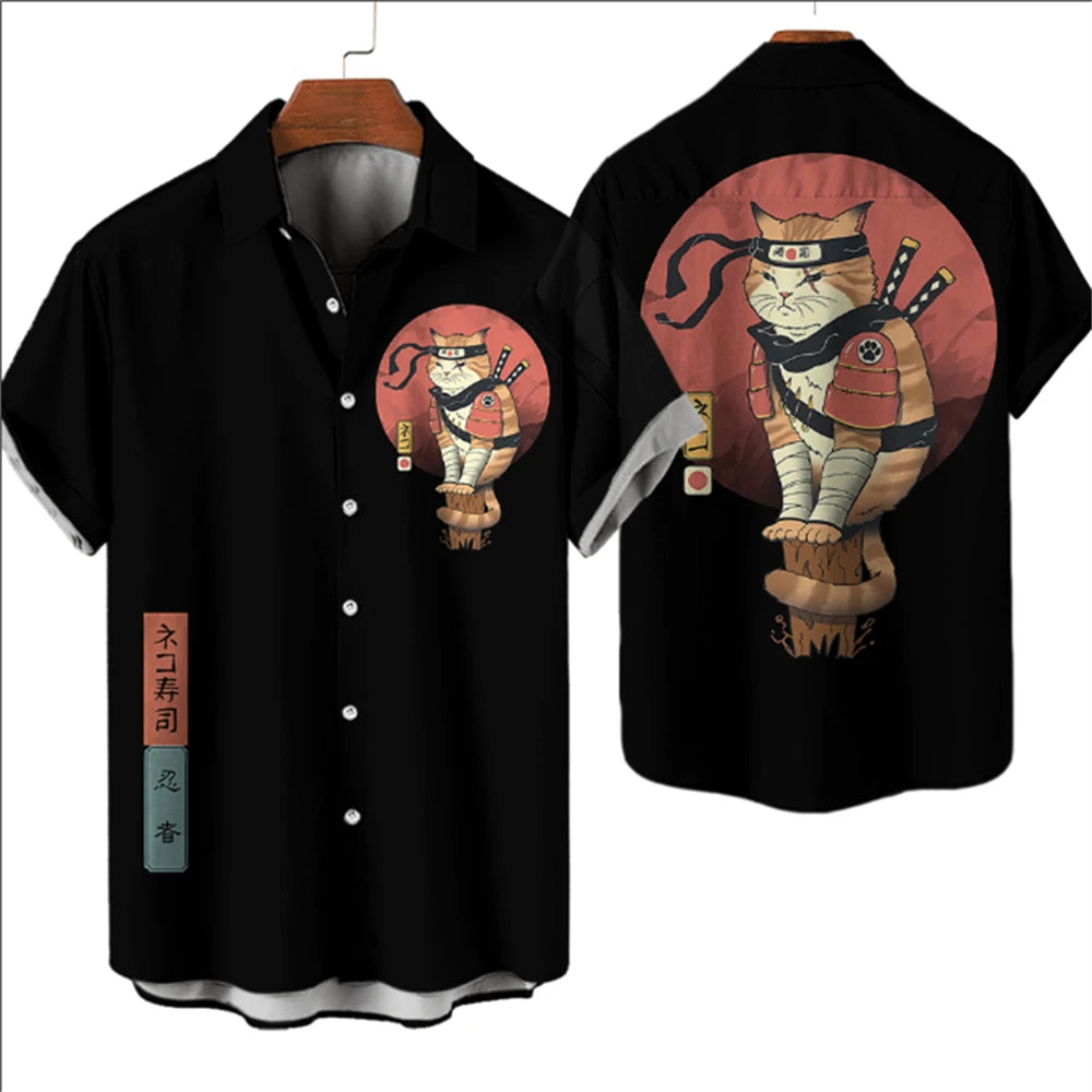 ⚔️🐱 Samurai Cat Hawaiian Shirt – Men’s Summer Top
