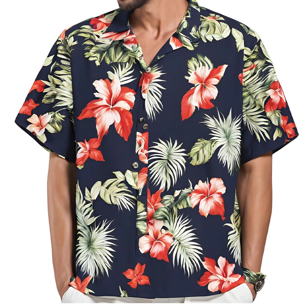 🌺 Men’s Short‑Sleeve Hawaiian Botanical Print Shirt
