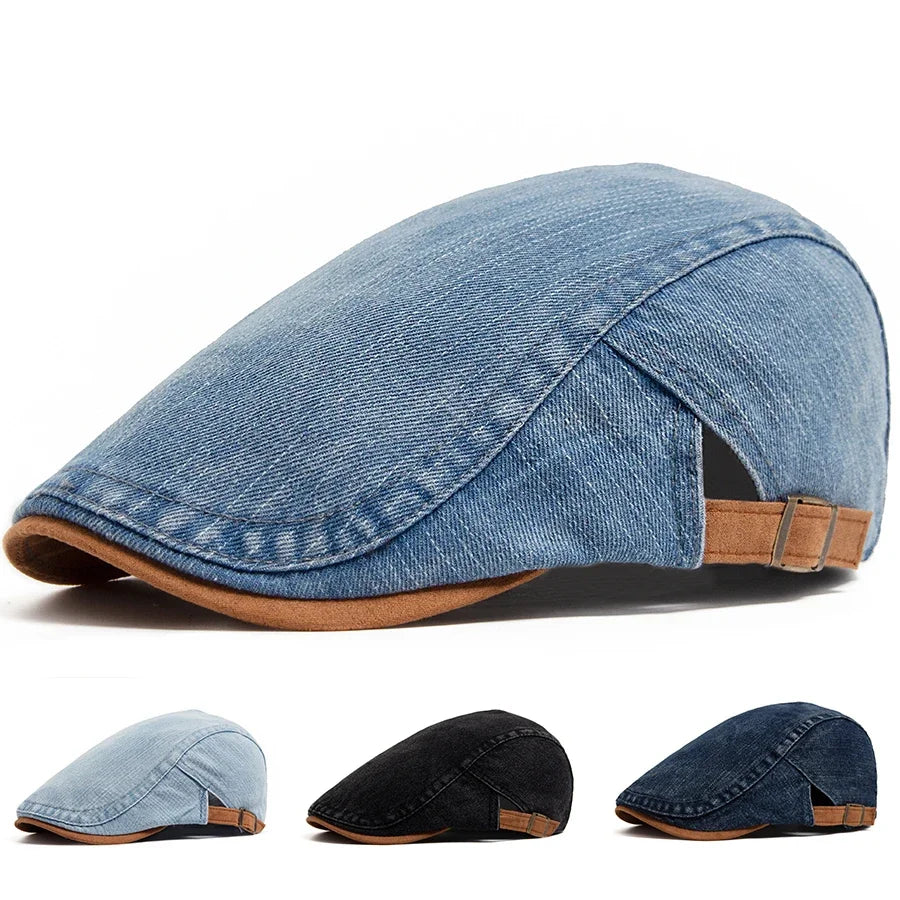 🧢 Denim Cotton Patchwork Newsboy Cap – Vintage Baker Boy Style