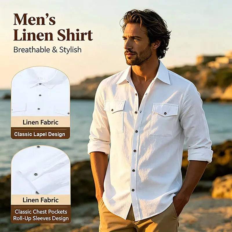 🌿 New Men’s Long‑Sleeve Linen‑Blend Casual Shirt