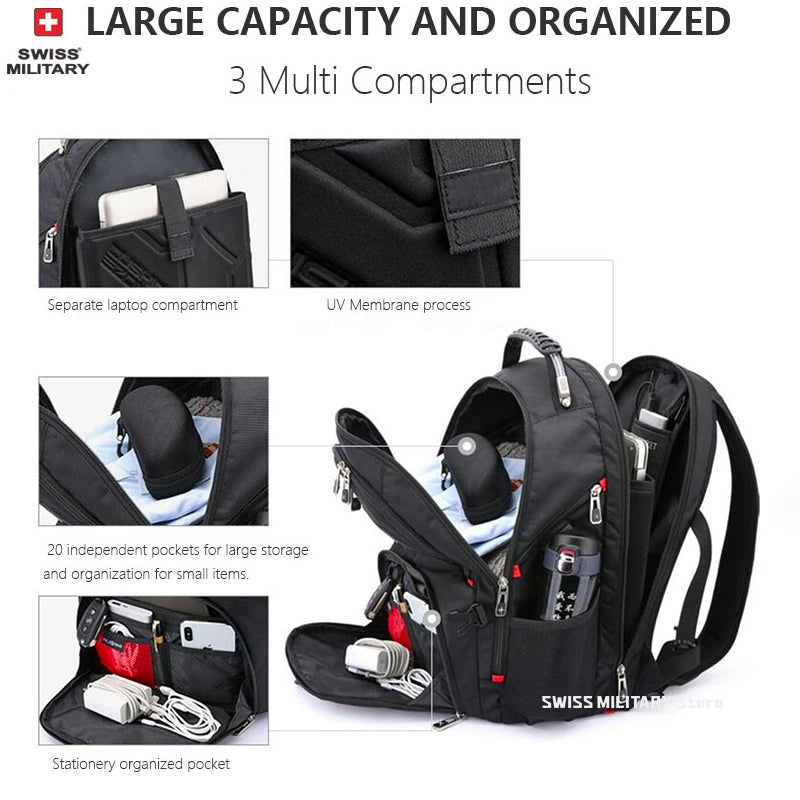 🎒 SWISS‑Style 17” Laptop Backpack | Waterproof + USB Charging