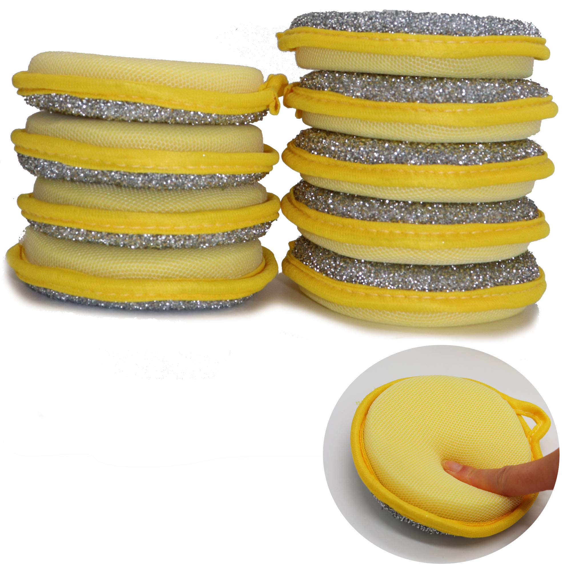 CAMSTIC Dual Action Kitchen Cleaning Microfiber Scouring Scrubber Round Dish Washing Sponge 10 Pack (Yellow)