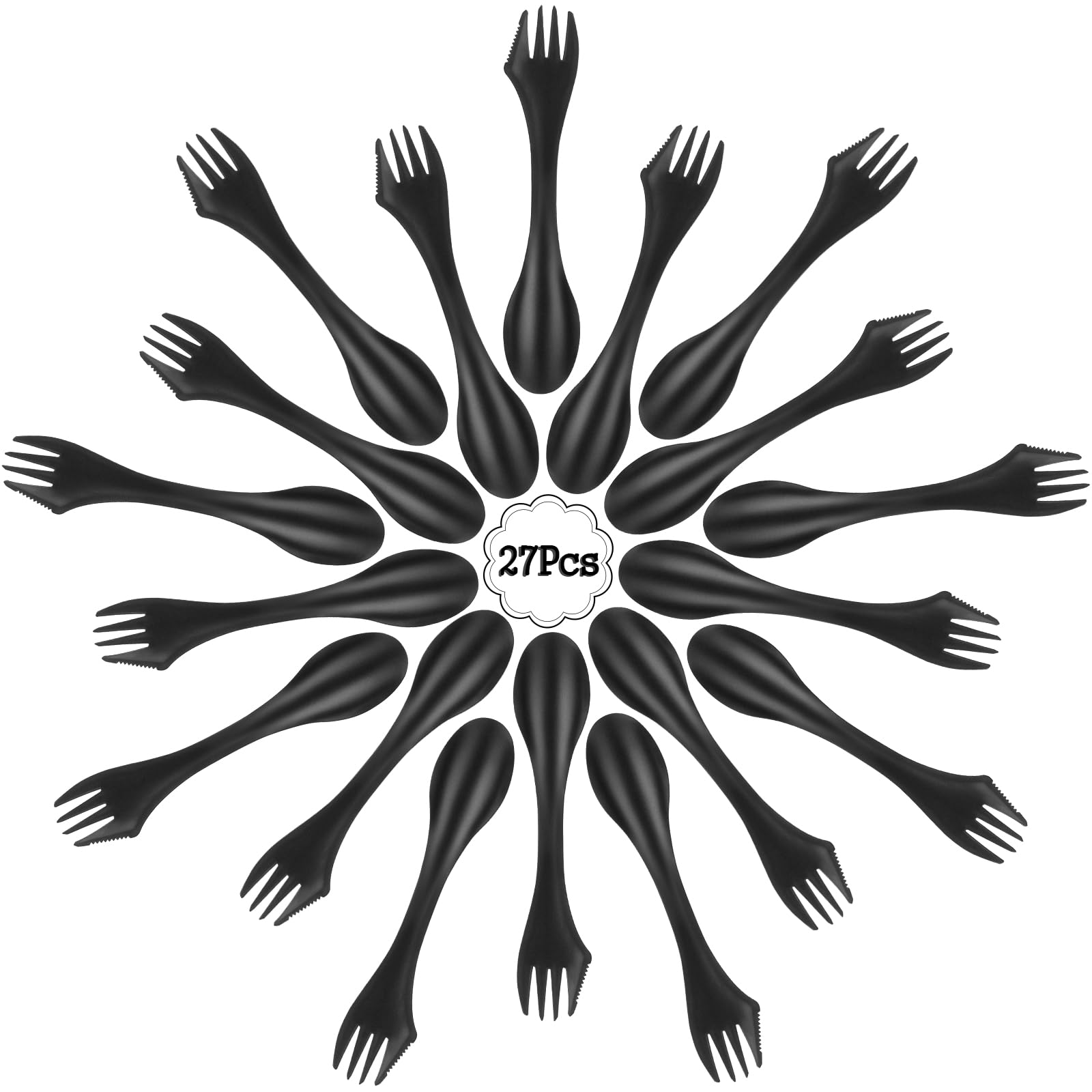 Mudder 27 Pieces Camping Sporks Plastic 3 In 1 Spoon Fork and Knife Utensils Kit for Picnic Outdoor Activities(Black)