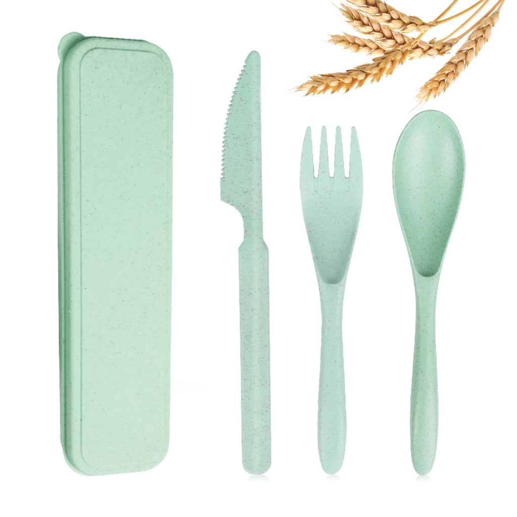 YDYTOP Reusable Travel Utensils Set with Case Green Wheat Straw Portable Knife Fork Spoons Tableware Eco-Friendly BPA Free Cutlery for Kids and Adults as Travel Picnic Camping Utensils