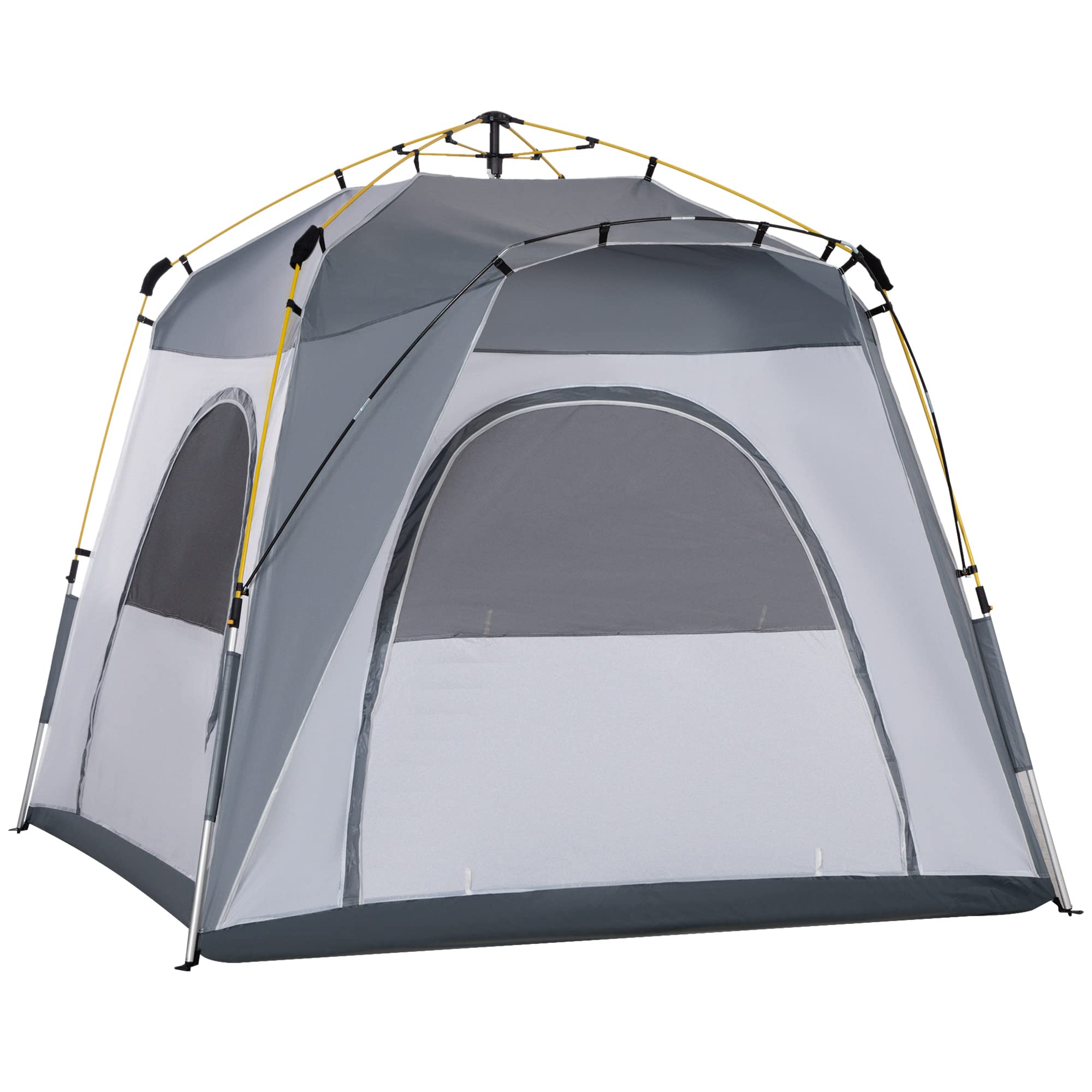 Outsunny Camping Tents 4 Person Pop Up Tent Quick Setup Automatic Hydraulic Family Travel Tent w/Windows Doors Carry Bag Included Gray
