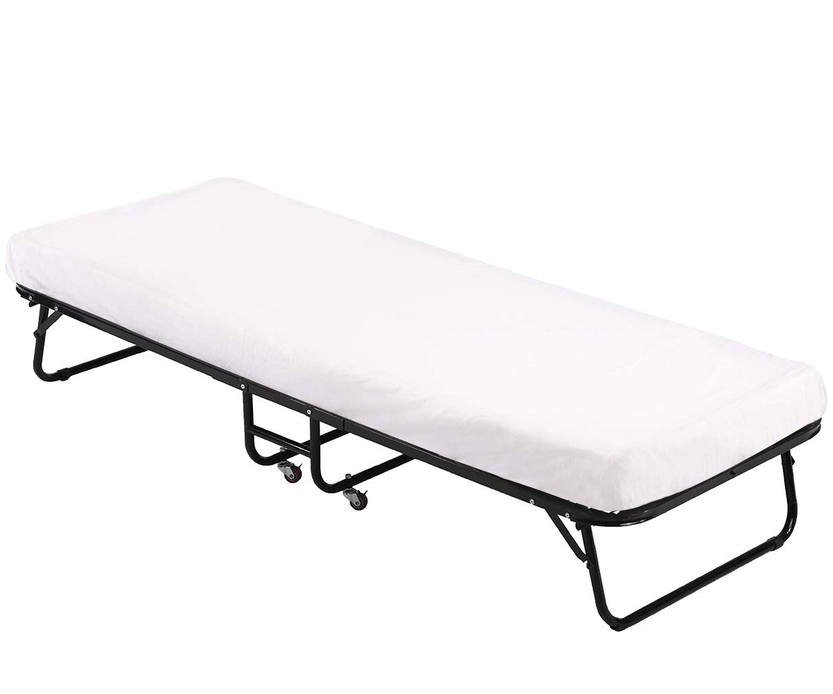 Folding Guest Bed with Wheels Portable Camping Cot Guest Beds Portable Beds Extra Roll Away Foldaway 3.9 Inch Comfort Foam Mattress Strong Sturdy Frame Heavy Duty L75W30H12 Inches，White